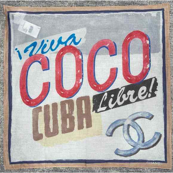 Chanel 17C Coco Cuba CC Beige Graffiti Cotton Bandana Handkerchief Scarf Wrap - Picture 3 of 11